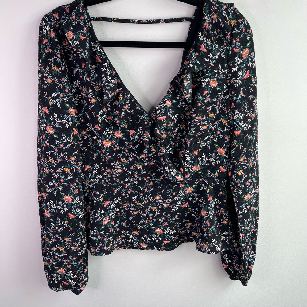 Row A Black With Colorful Flowers Puff Sleeve Wrap Blouse Size Xl